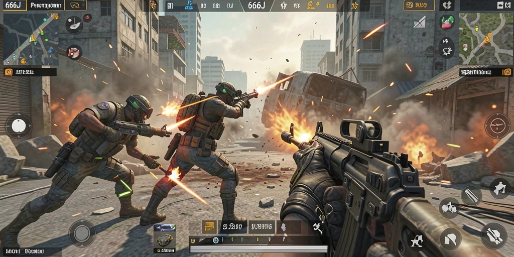 Tampilan menegangkan pertempuran di 666J dengan aksi FPS yang seru.