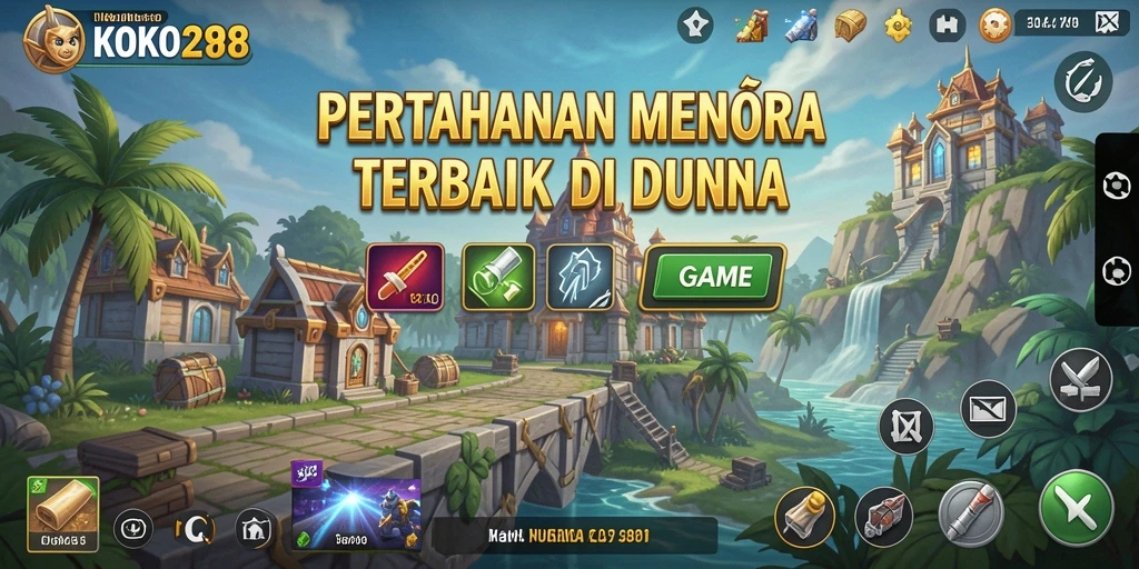 Tangkapan layar gameplay menara pertahanan yang intens di KOKO288.