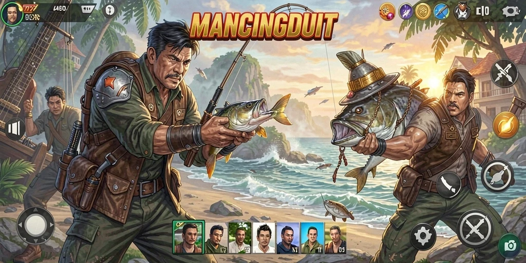 Screenshot MANCINGDUIT menampilkan pertarungan Battle Royale yang menegangkan.